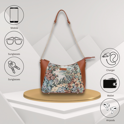 Wholesale Women's Botanical Design Tapestry Hobo Bag | Shoulder & Satchel Purse with Vegan Leather Trim