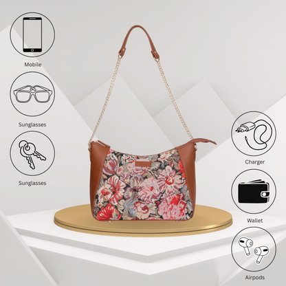 Ladies’ Floral Tapestry Hobo Shoulder Bag – Vegan Leather Satchel Purse with Top Handle & Chain Strap for Daily Use