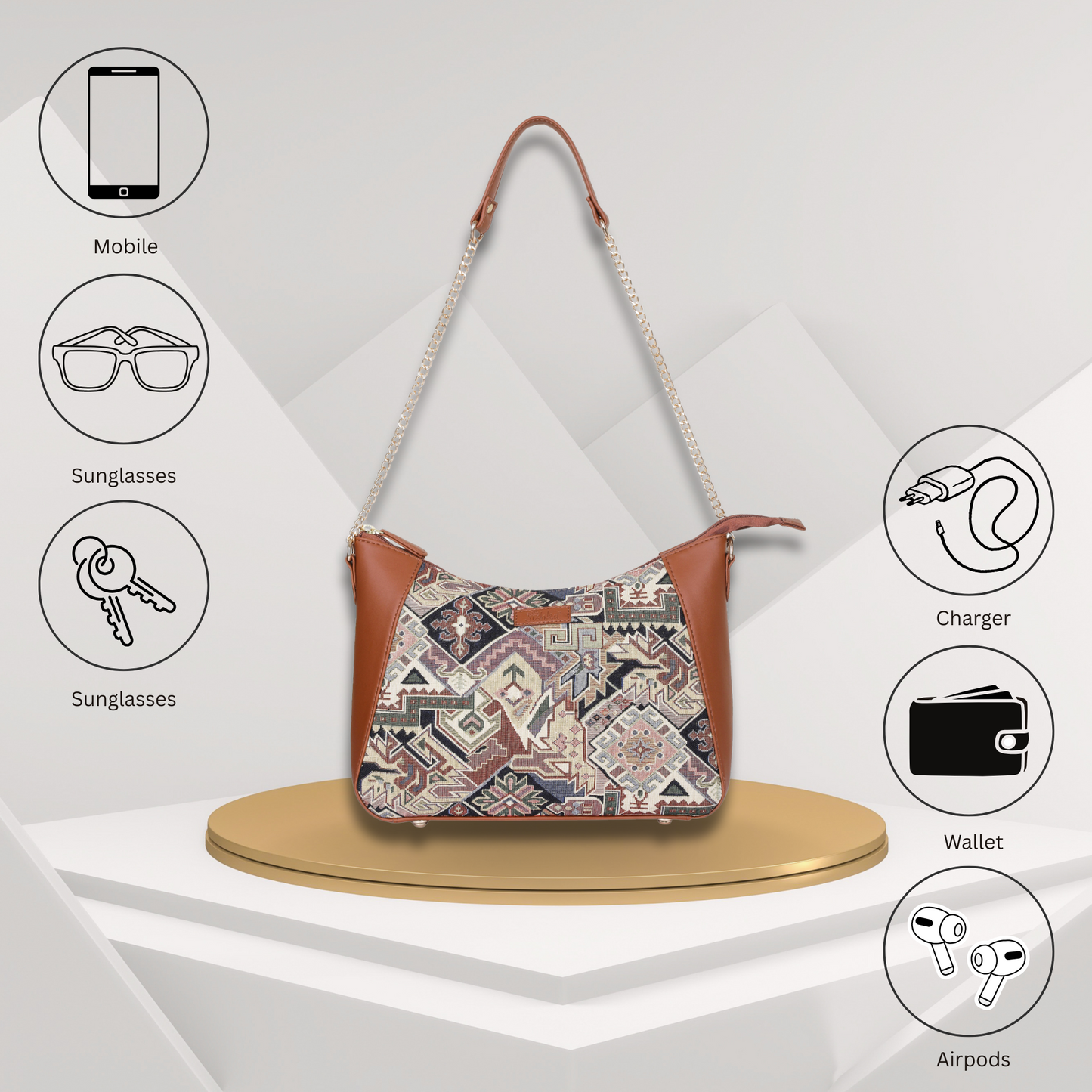 Geometric Design Tapestry Hobo Bag | Stylish vegan leather-Trimmed Shoulder & Satchel Bag with Chain Strap for Office & Outings