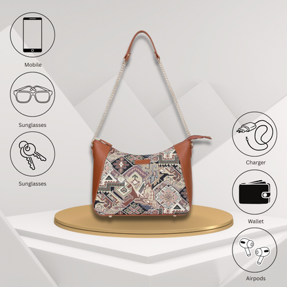 Geometric Design Tapestry Hobo Bag | Stylish vegan leather-Trimmed Shoulder & Satchel Bag with Chain Strap for Office & Outings