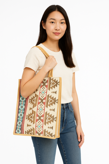 Wholesale Reusable Jute with Jacquard fabric Shopping Tote Bag Combo