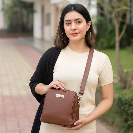 Wholesale Women's Brown Genuine Leather Crossbody Sling Bag
