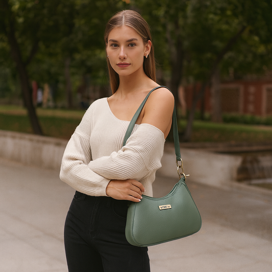 Olive Genuine Leather Half Moon Shoulder Bag Wholesale for Women