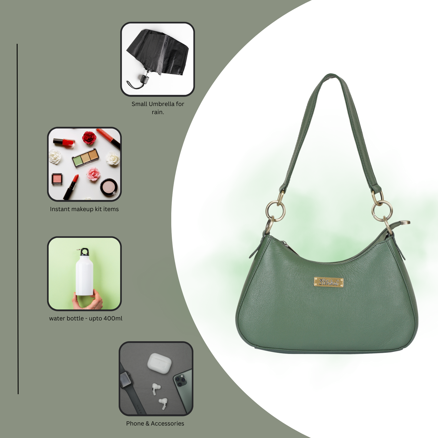Olive Genuine Leather Half Moon Shoulder Bag Wholesale for Women