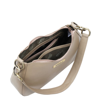 Taupe Genuine Leather Half Moon Shoulder Bag Wholesale for Women