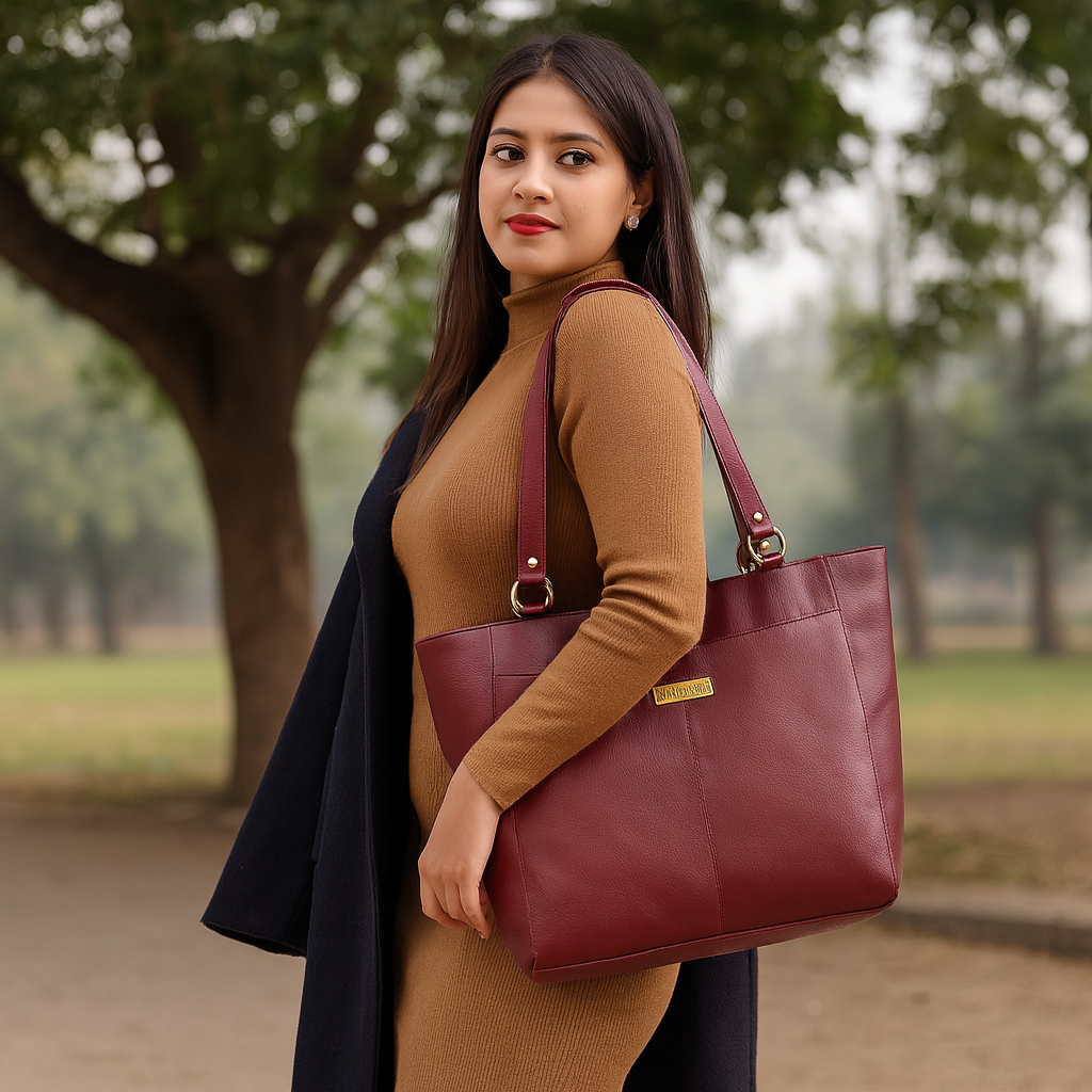 Cherry Red Genuine Leather Tote Shoulder  Bag Wholesale for Women | Daily Use