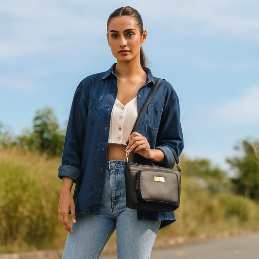 Black Genuine Leather Shoulder handbag Wholesale for Women – Tote with Front Pocket