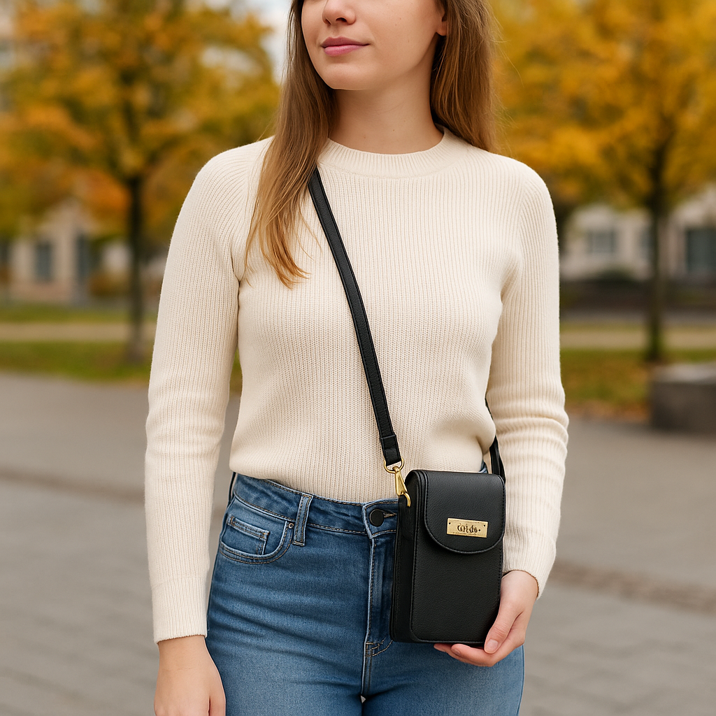 Black Genuine Leather Mobile Crossbody Bag Wholesale for Women  – Phone Purse