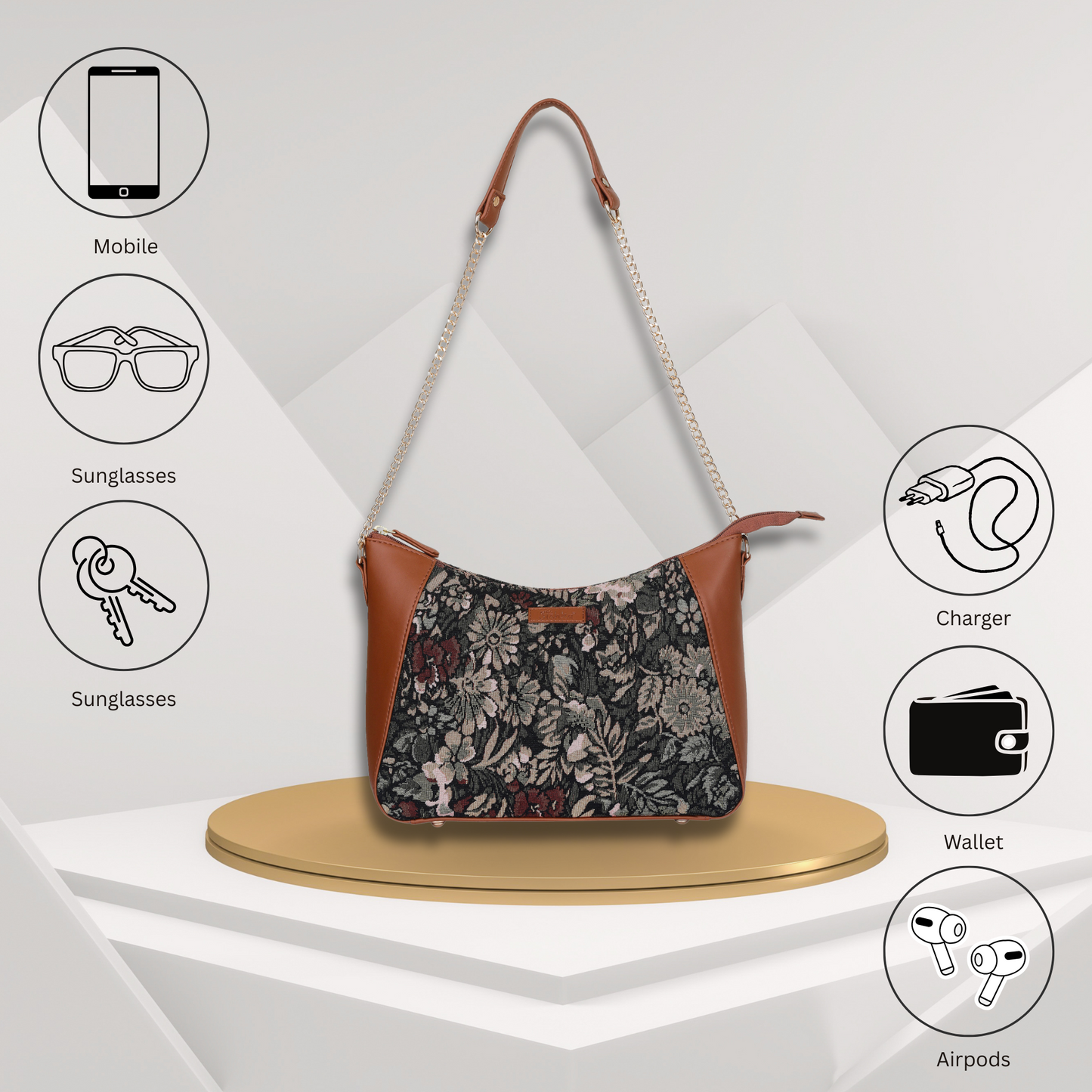 Women's Hobo Bag in Vintage Pattern Tapestry Fabric | vegan leather-Trimmed Shoulder & Sling Purse with Chain and vegan leather Strap