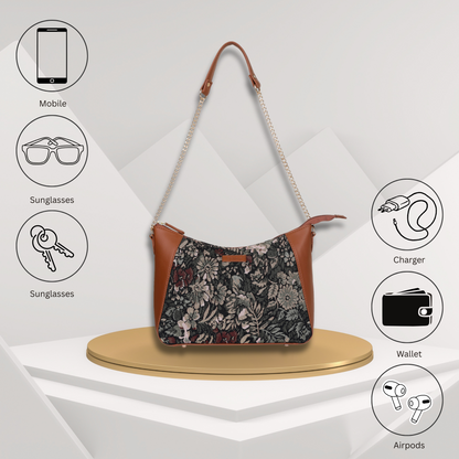 Women's Hobo Bag in Vintage Pattern Tapestry Fabric | vegan leather-Trimmed Shoulder & Sling Purse with Chain and vegan leather Strap