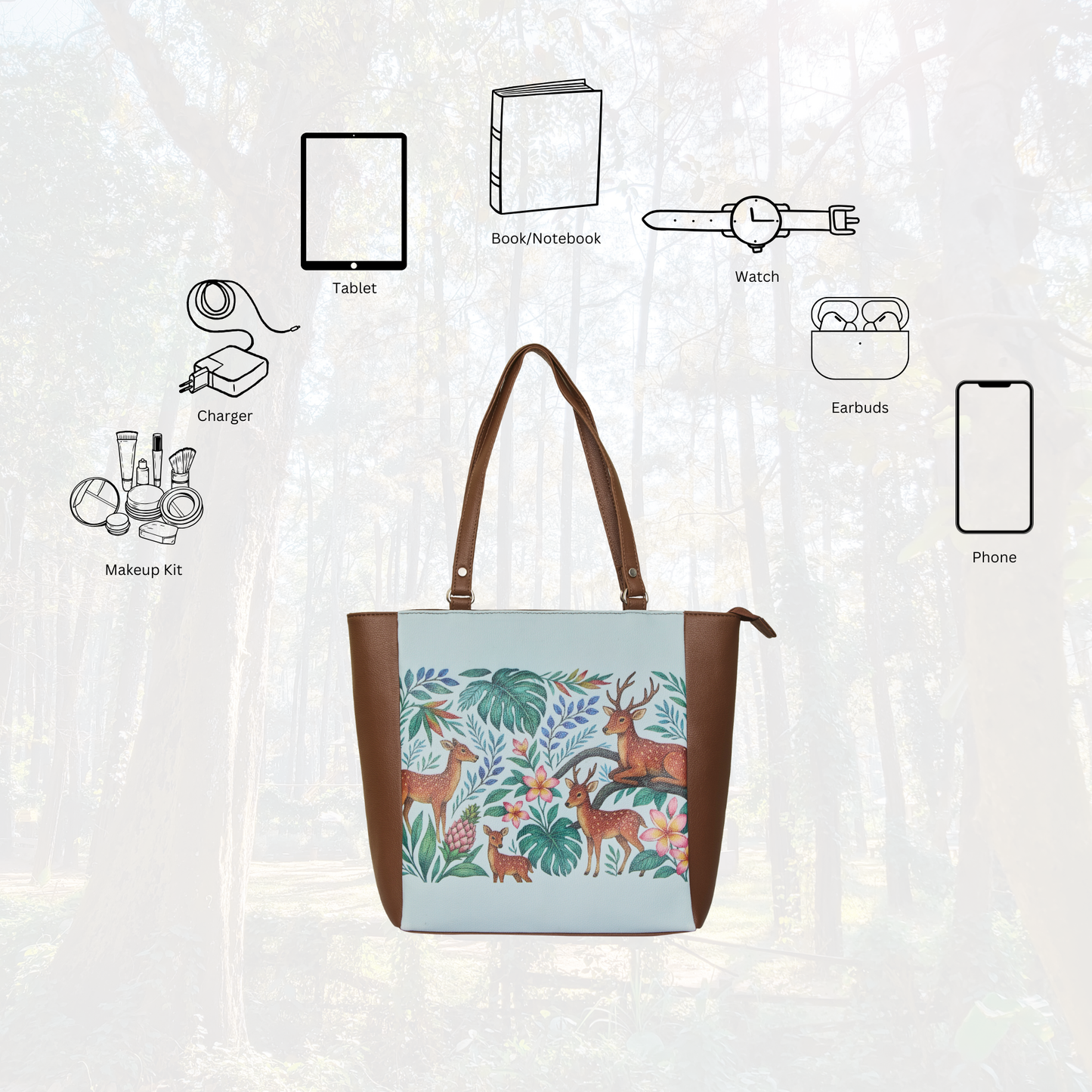 Deer Hand Printed Vegan Leather Wholesale Shoulder Tote Bag– Printed Vegan Top Handle Handbag for Women – Work, Travel & Daily Use