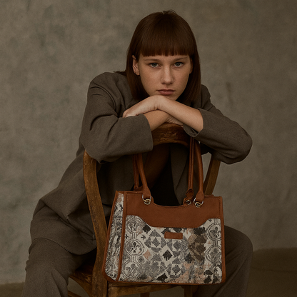 Women’s Abstract Tapestry Satchel Bags – Leather‑Trimmed Shoulder & Crossbody Handbag - Wholesale