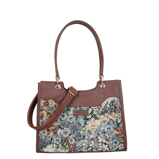 Wholesale women’s Botanical Tapestry Satchel Bag – Leather-Trimmed Handbag, Crossbody & Shoulder Purse
