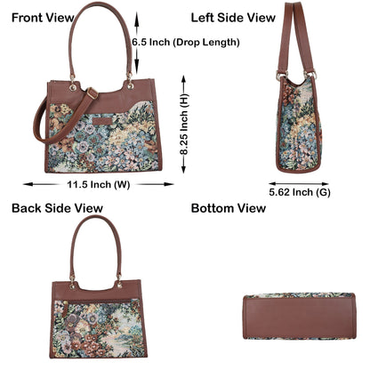 Wholesale women’s Botanical Tapestry Satchel Bag – Leather-Trimmed Handbag, Crossbody & Shoulder Purse