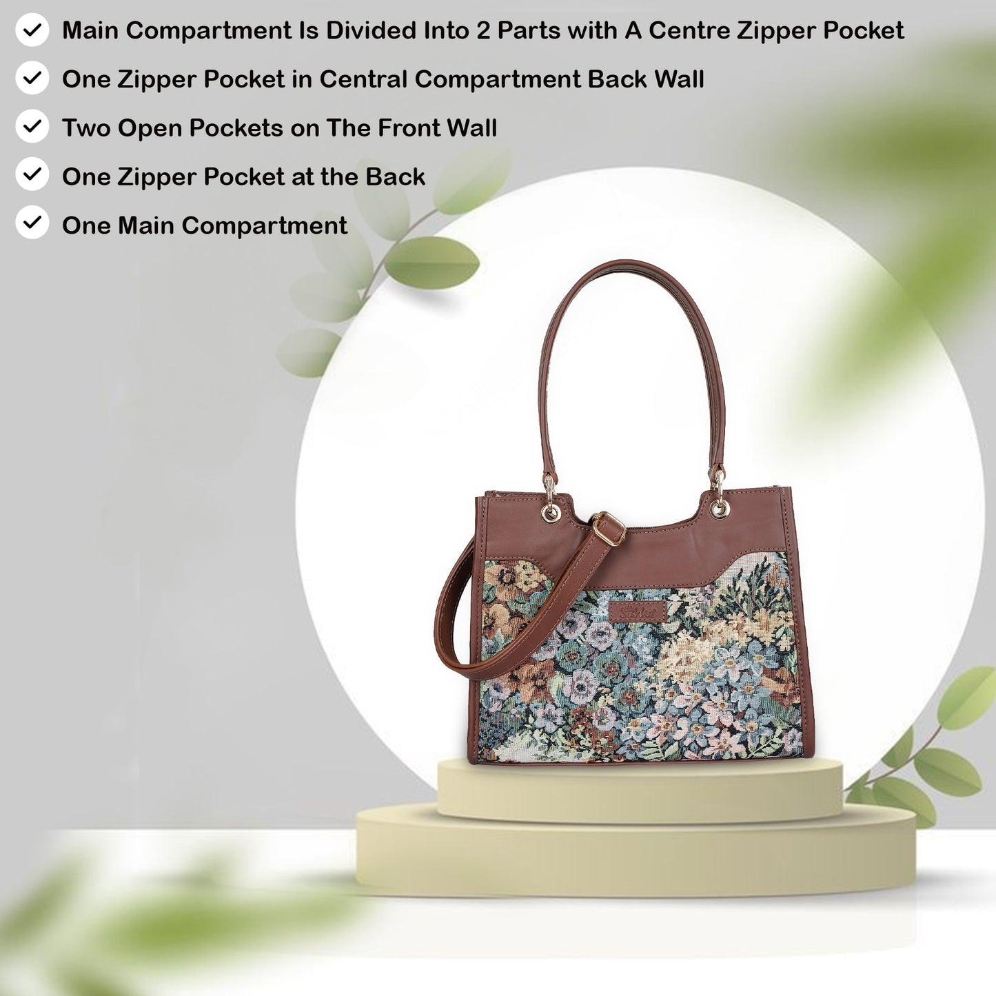 Wholesale women’s Botanical Tapestry Satchel Bag – Leather-Trimmed Handbag, Crossbody & Shoulder Purse