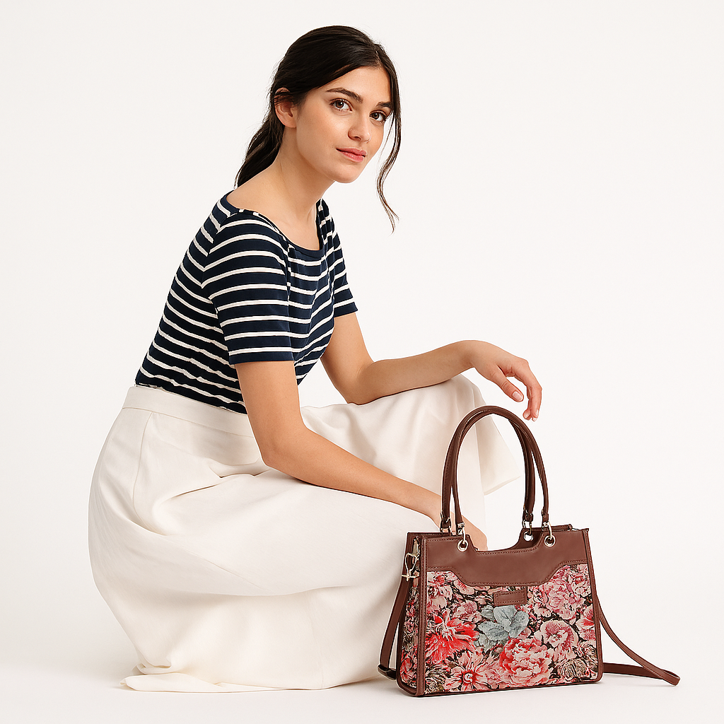 Women’s Floral Tapestry Satchel & Crossbody Bag – Wholesale Leather‑Trimmed Shoulder Purse with Top Handle