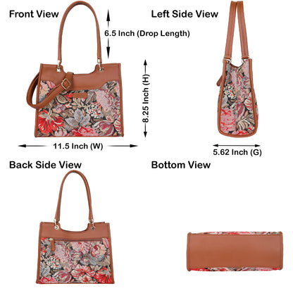 Women Floral Tapestry Satchel & Crossbody Bag – Wholesale Vegan Leather‑Trimmed Shoulder Purse with Top Handle
