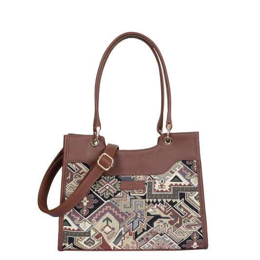 Women’s Geometric Tapestry Satchel & Crossbody Bag – Leather‑Trimmed Shoulder and Hand Purse