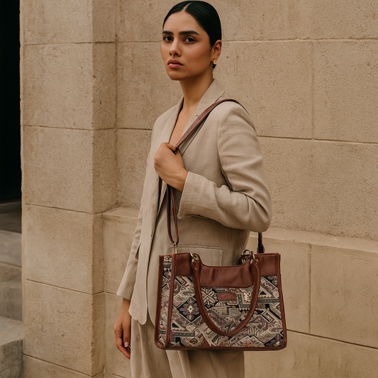 Women’s Geometric Tapestry Satchel & Crossbody Bag – Leather‑Trimmed Shoulder and Hand Purse