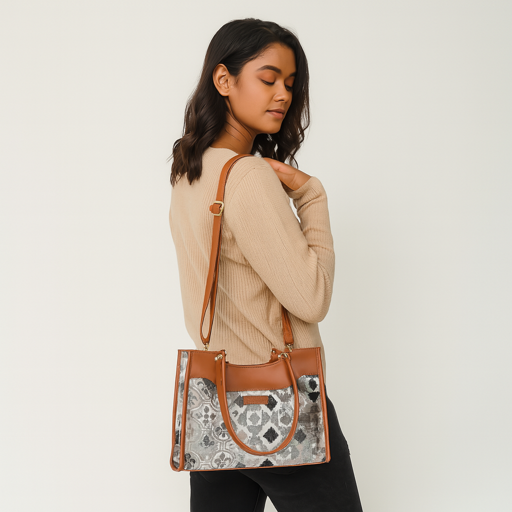 Wholesale Abstract Tapestry Satchel Bag Crossbody Top Handle Handbag for Women with Vegan Leather Trim