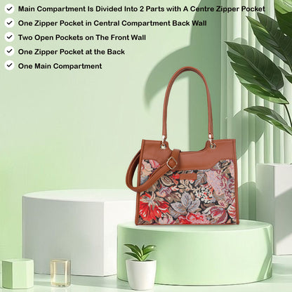 Women Floral Tapestry Satchel & Crossbody Bag – Wholesale Vegan Leather‑Trimmed Shoulder Purse with Top Handle