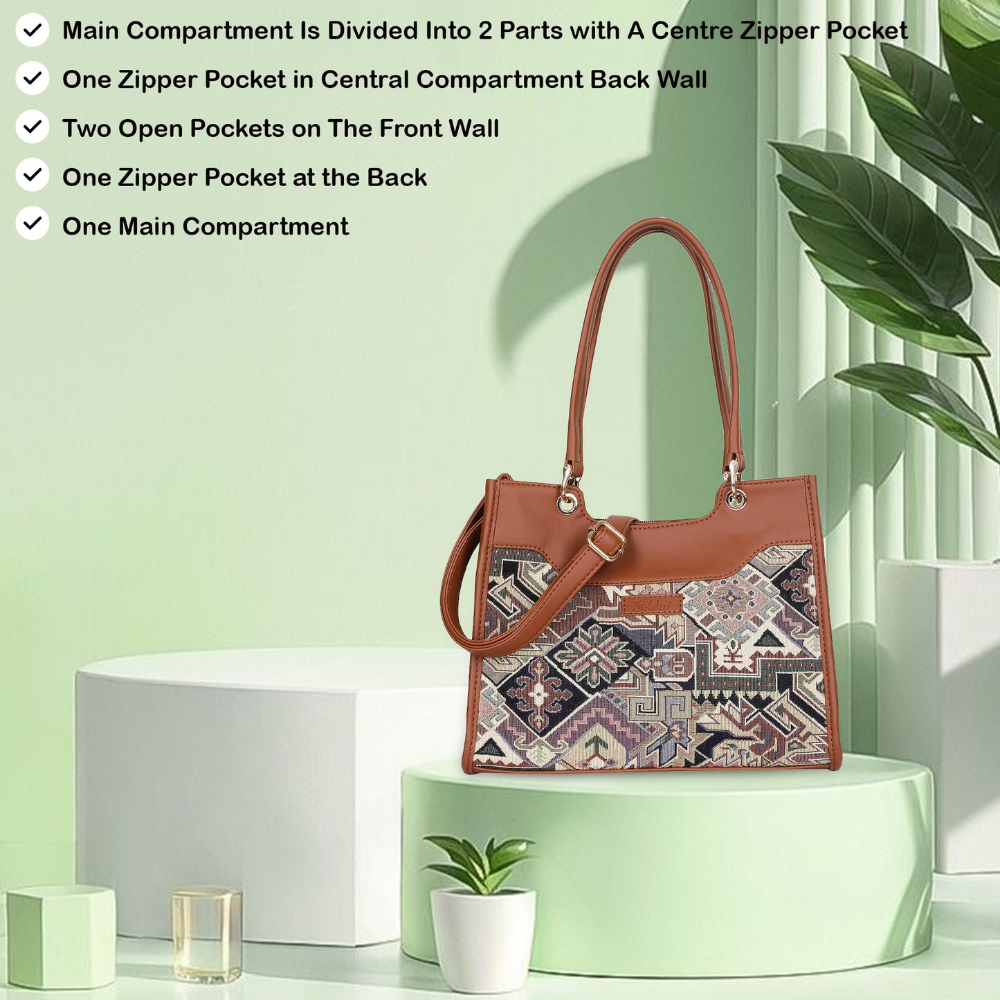 Women Geometric Tapestry Satchel & Crossbody Bag – Vegan leather Trimmed Shoulder and Hand Purse