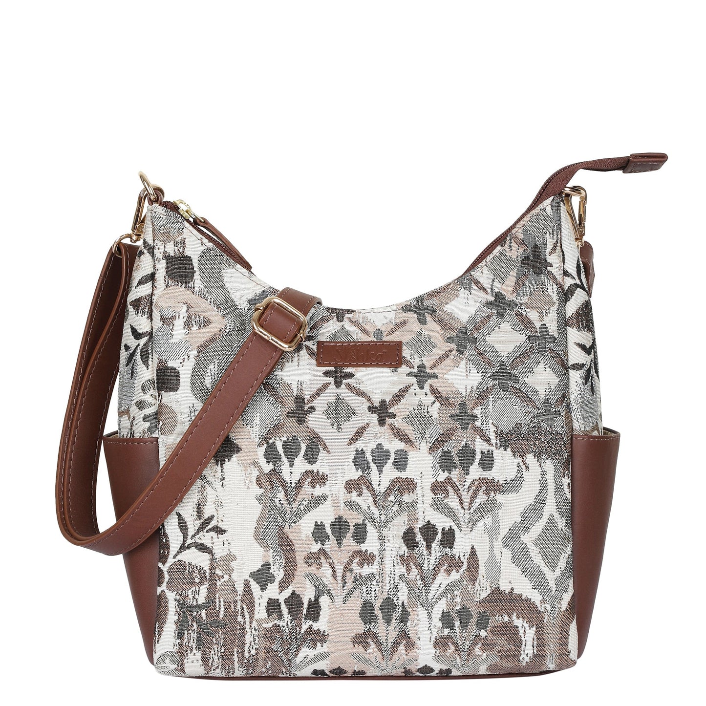 Women’s abstract tapestry hobo sling bag with leather trim for daily, office, travel, and everyday use