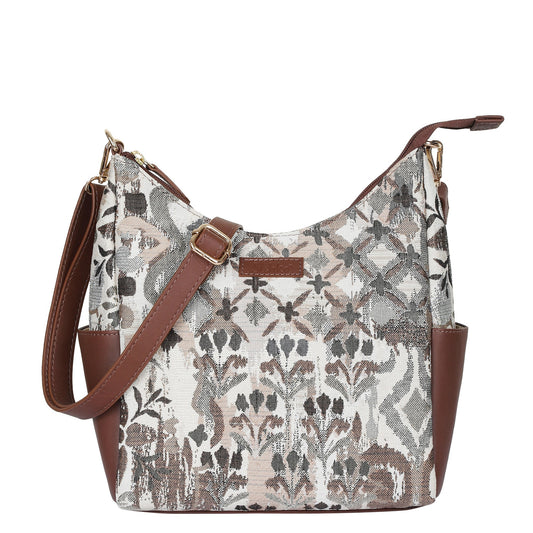 Abstract Tapestry Hobo Crossbody Bag – Women’s Shoulder Sling Handbag with Genuine Leather Trim