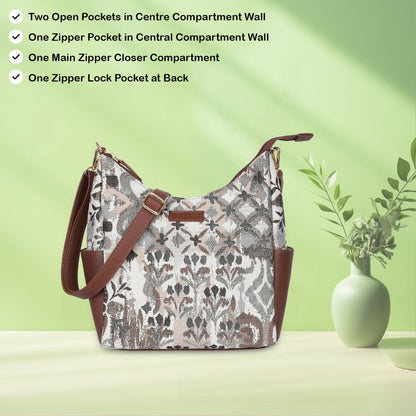 Abstract Tapestry Hobo Crossbody Bag – Women’s Shoulder Sling Handbag with Genuine Leather Trim