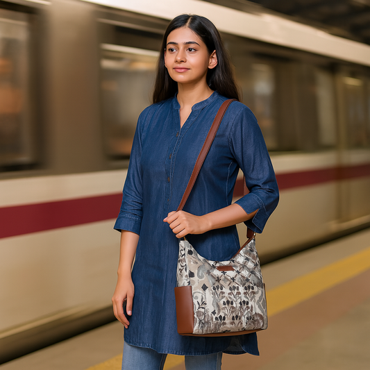 Abstract Tapestry Hobo Crossbody Bag – Women’s Shoulder Sling Handbag with Genuine Leather Trim