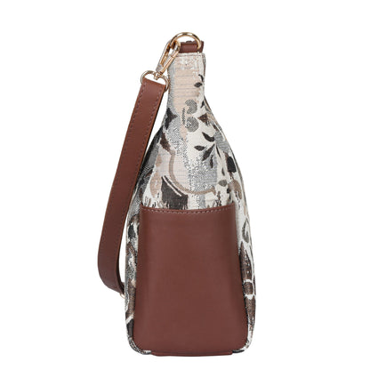 Abstract Tapestry Hobo Crossbody Bag – Women’s Shoulder Sling Handbag with Genuine Leather Trim