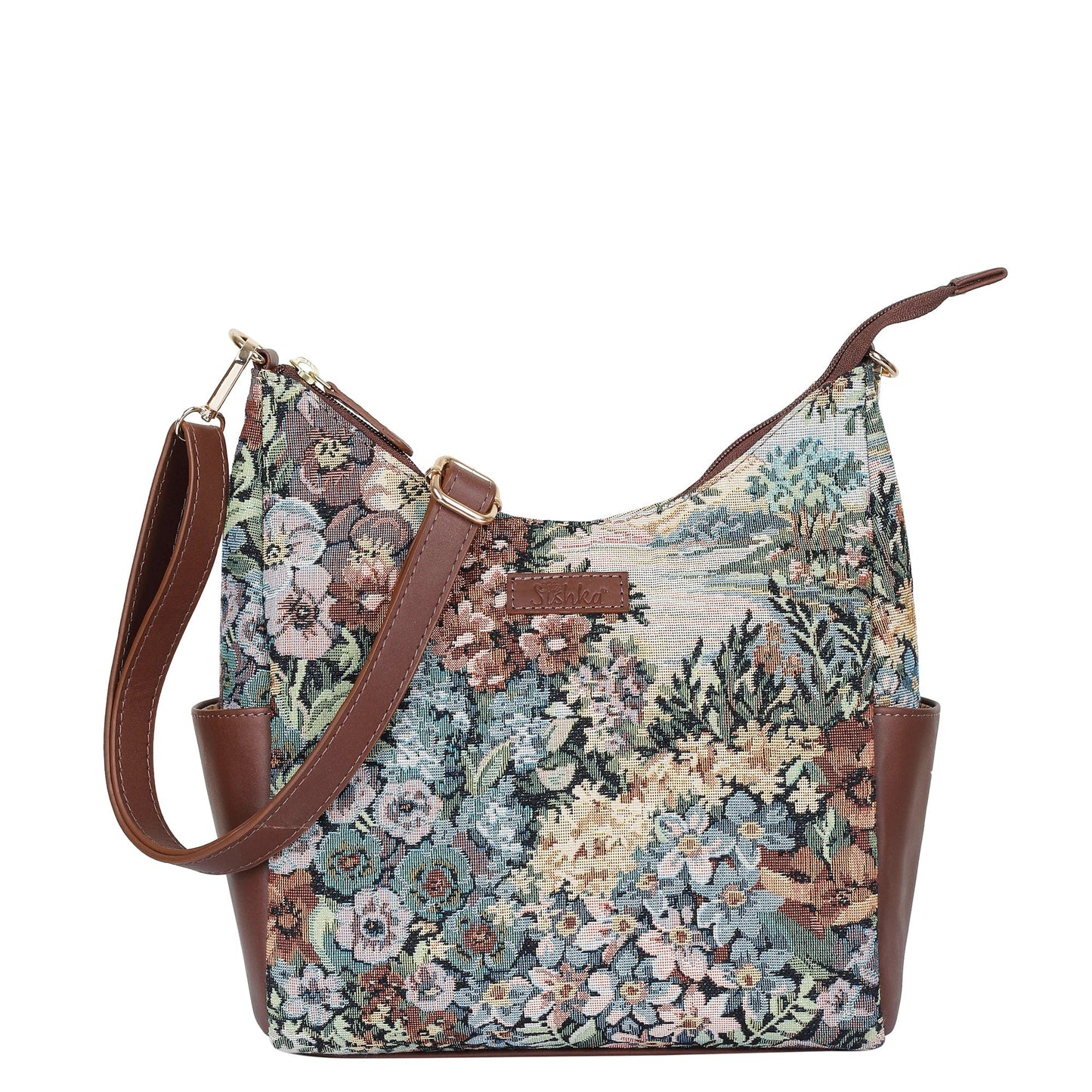 Women’s botanical tapestry hobo sling bag with leather trim for daily, office, travel, and everyday use