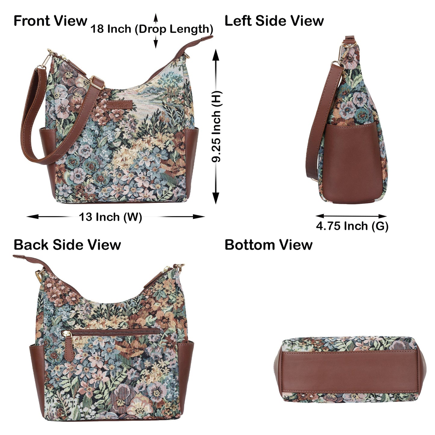 Botanical Tapestry Hobo Bag – Women’s Genuine Leather-Trimmed Shoulder & Crossbody Purse