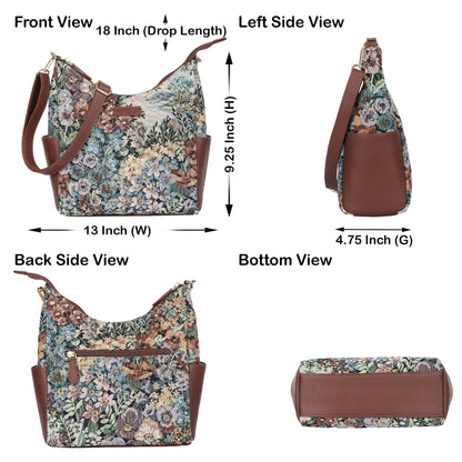 Botanical Tapestry Hobo Bag – Women’s Genuine Leather-Trimmed Shoulder & Crossbody Purse