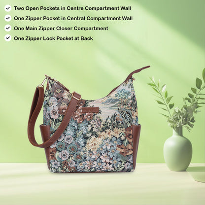 Botanical Tapestry Hobo Bag – Women’s Genuine Leather-Trimmed Shoulder & Crossbody Purse