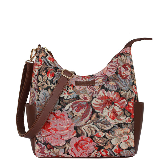 Women's Floral Tapestry Hobo Bag | Stylish Genuine Leather-Trimmed Shoulder & Crossbody Purse for Daily Essentials