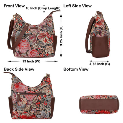 Women's Floral Tapestry Hobo Bag | Stylish Genuine Leather-Trimmed Shoulder & Crossbody Purse for Daily Essentials