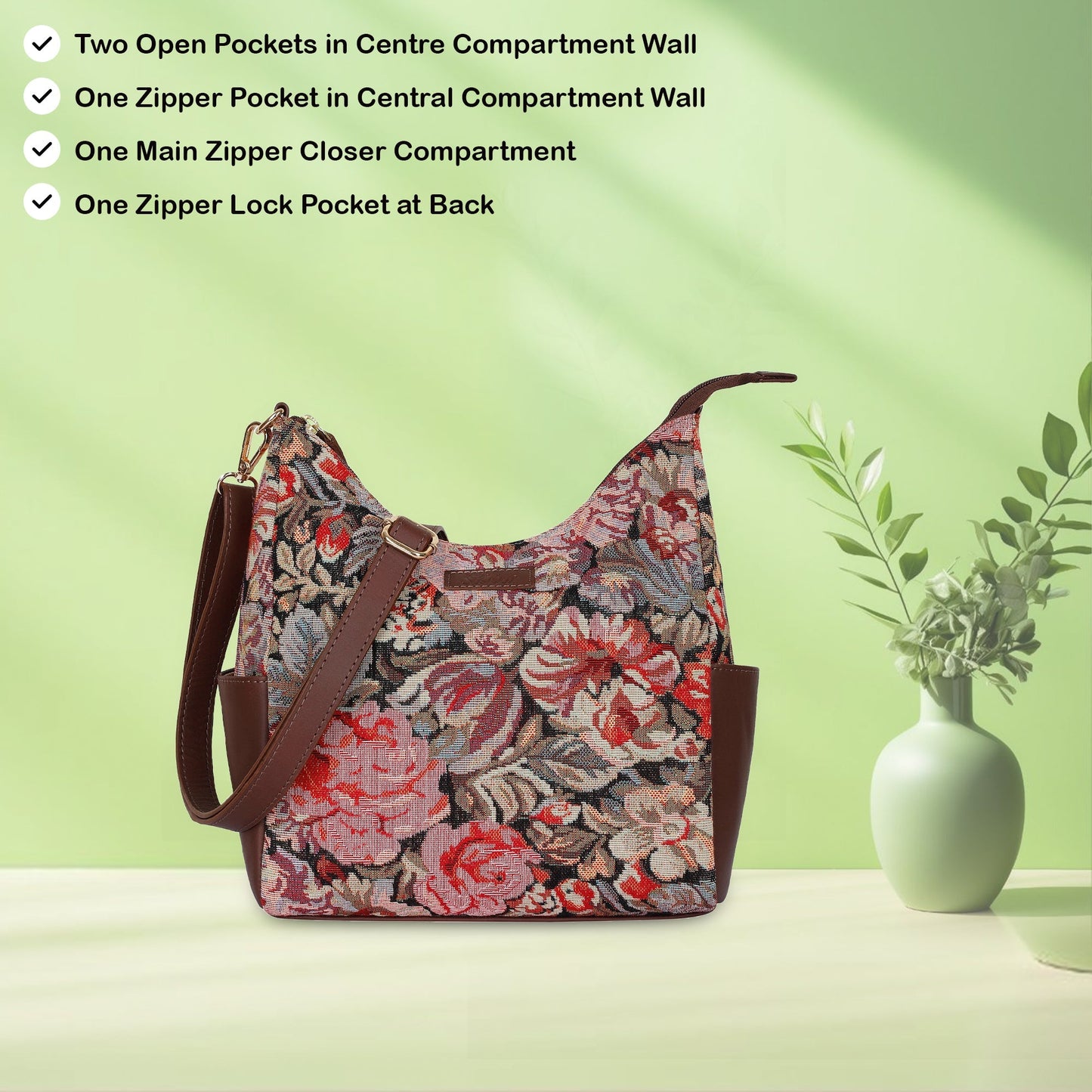 Women's Floral Tapestry Hobo Bag | Stylish Genuine Leather-Trimmed Shoulder & Crossbody Purse for Daily Essentials