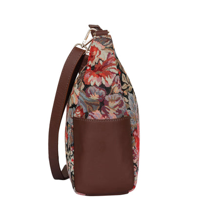 Women's Floral Tapestry Hobo Bag | Stylish Genuine Leather-Trimmed Shoulder & Crossbody Purse for Daily Essentials