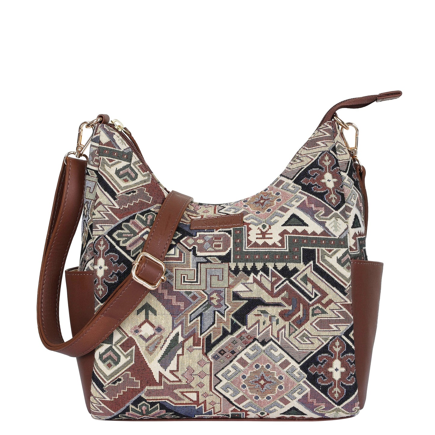 Women’s geometric tapestry hobo sling bag with leather trim for daily, office, travel, and everyday use