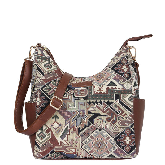 Wholesale Women’s Hobo Bag in Geometric Tapestry Pattern with Genuine Leather Trim | Crossbody & Shoulder Purse for Office