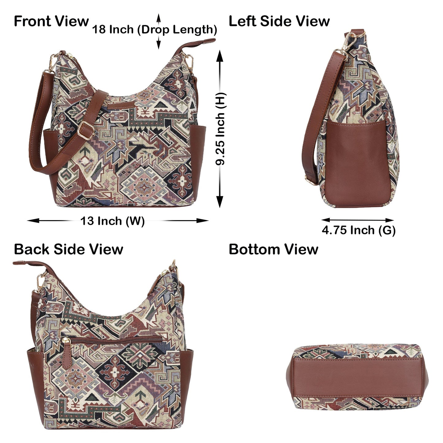 Wholesale Women’s Hobo Bag in Geometric Tapestry Pattern with Genuine Leather Trim | Crossbody & Shoulder Purse for Office