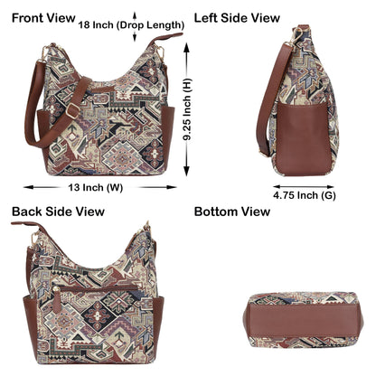 Wholesale Women’s Hobo Bag in Geometric Tapestry Pattern with Genuine Leather Trim | Crossbody & Shoulder Purse for Office