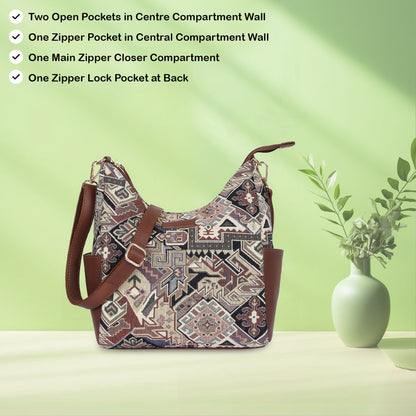 Wholesale Women’s Hobo Bag in Geometric Tapestry Pattern with Genuine Leather Trim | Crossbody & Shoulder Purse for Office