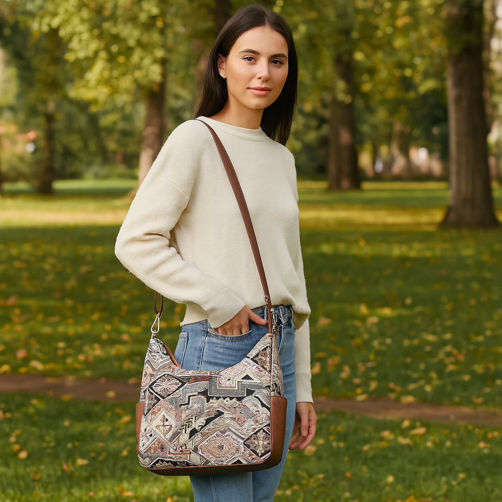 Wholesale Women’s Hobo Bag in Geometric Tapestry Pattern with Genuine Leather Trim | Crossbody & Shoulder Purse for Office