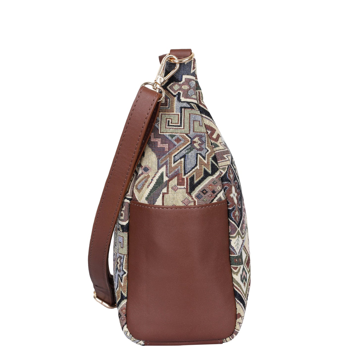 Wholesale Women’s Hobo Bag in Geometric Tapestry Pattern with Genuine Leather Trim | Crossbody & Shoulder Purse for Office