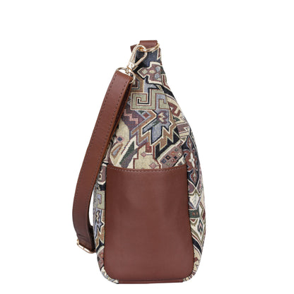 Wholesale Women’s Hobo Bag in Geometric Tapestry Pattern with Genuine Leather Trim | Crossbody & Shoulder Purse for Office