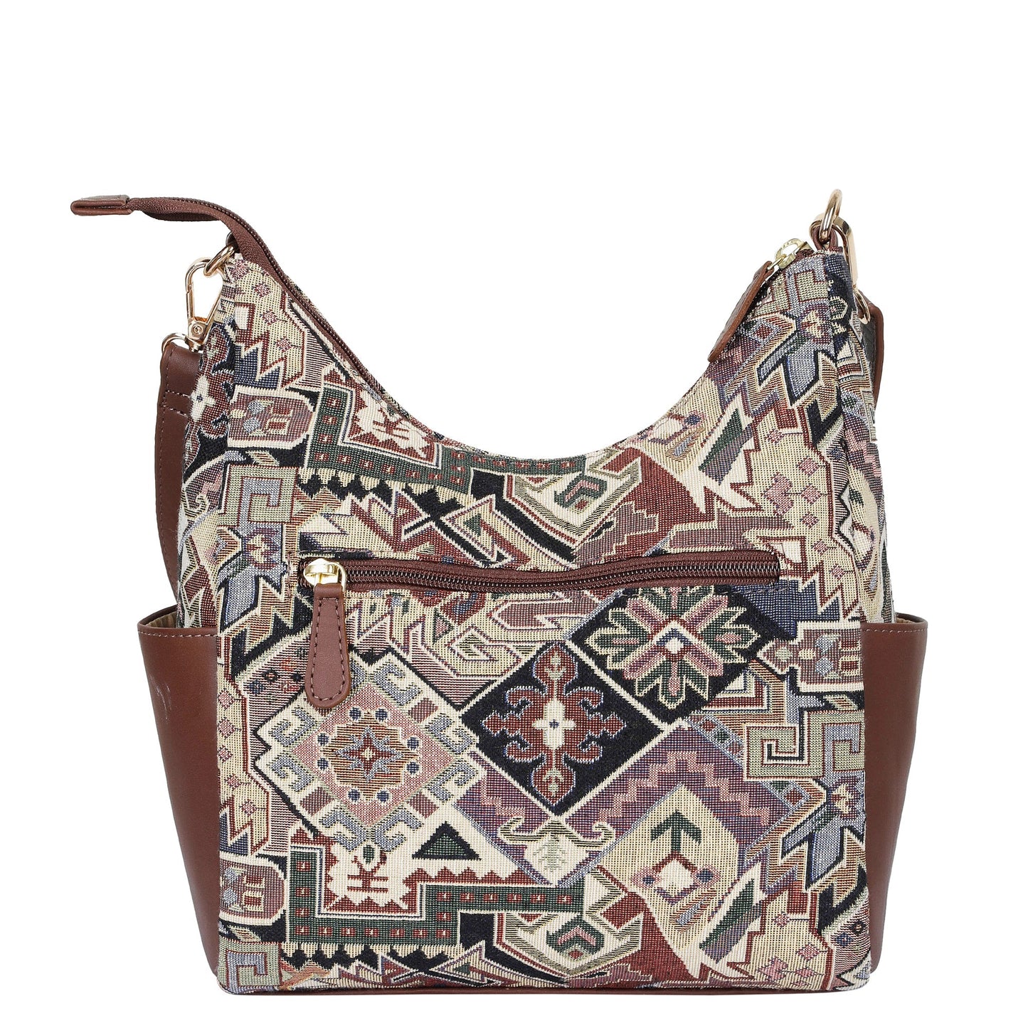 Wholesale Women’s Hobo Bag in Geometric Tapestry Pattern with Genuine Leather Trim | Crossbody & Shoulder Purse for Office
