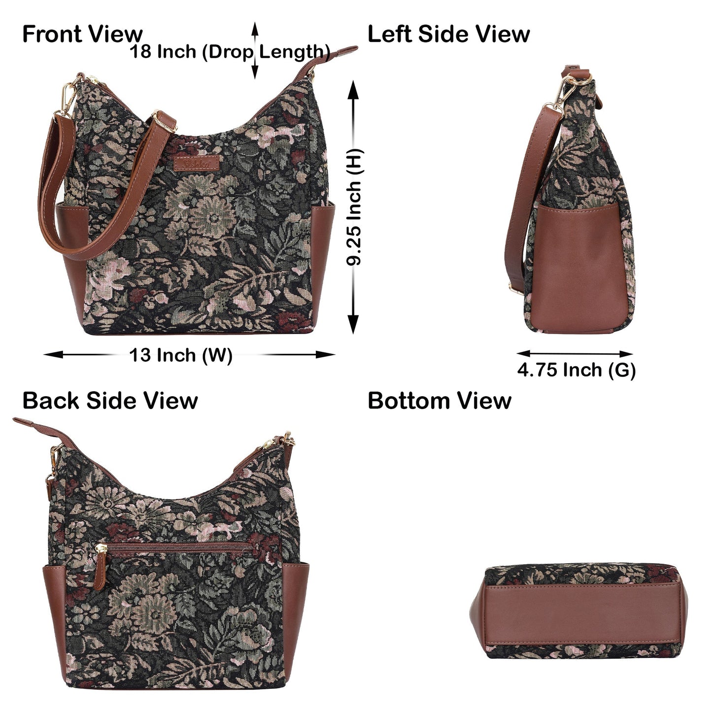 Women's Hobo Bag in Vintage Tapestry Fabric Pattern | Leather-Trim Crossbody Sling & Shoulder Purse