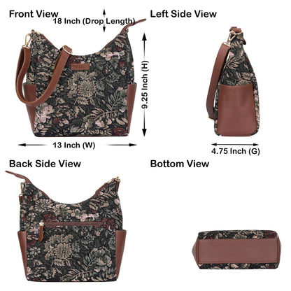 Women's Hobo Bag in Vintage Tapestry Fabric Pattern | Leather-Trim Crossbody Sling & Shoulder Purse